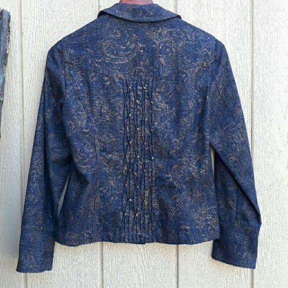 Vtg 90's Western Jean Jacket Gold Metallic Print Pintuck Studded Details Sz 4 - Picture 6 of 9
